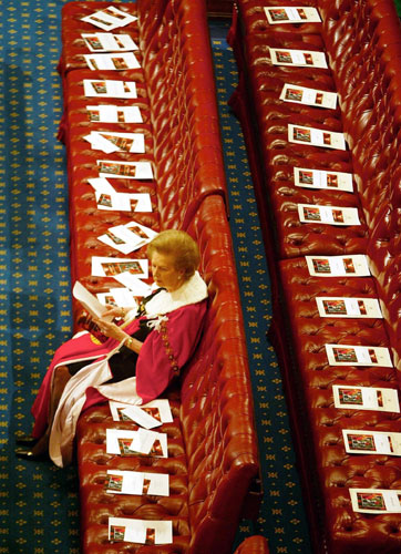 Margaret Thatcher: 2003: Baroness Thatcher sits alone at the State Opening of Parliament 