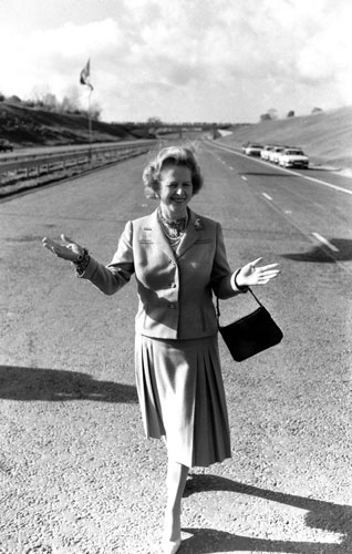 Margaret Thatcher: 1986: Margaret Thatcher at the opening of the M25 motorway 