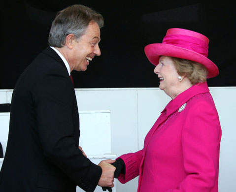 Margaret Thatcher: 2007: Baroness Thatcher shakes hands with Prime Minister Tony Blair 