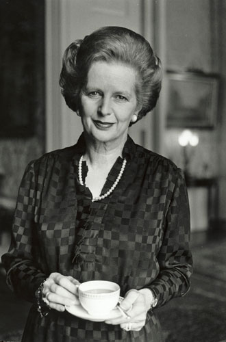 Margaret Thatcher: 1992: Former prime minister Margaret Thatcher holding a cup of tea