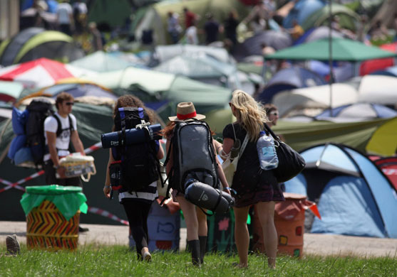 Glastonbury arrivals: Music fans start to arrive at the Glastonbury Festival site at Worthy Farm