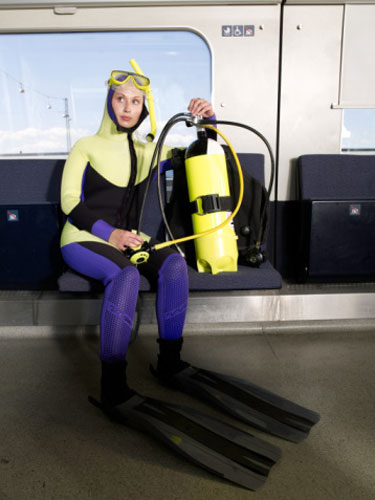 Student booty: Scuba diving suit with air tank and flippers