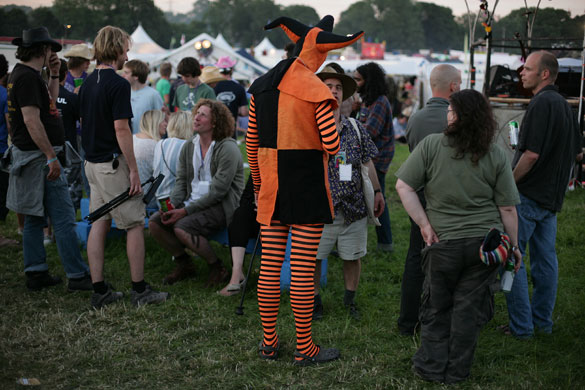 First day at Glastonbury: jester fancy dress at Glastonbury