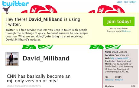 Fake Twitter account attributed to Foreign Secretary David Miliband