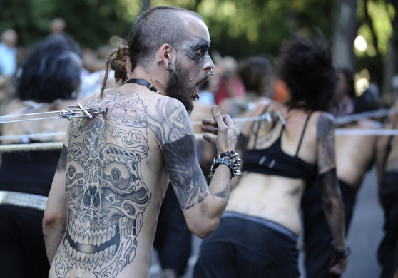 28 June 2009: Madrid, Spain: Members of the performance group, 'Sangre Fria'