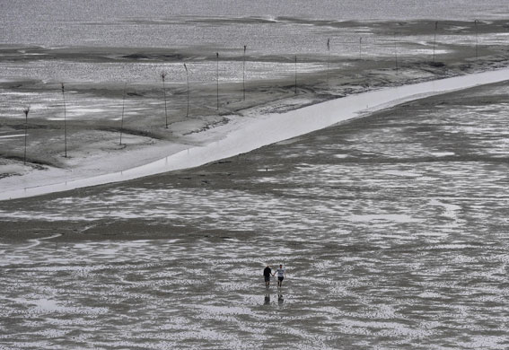 29 June 2009: Dorum-Neufeld, Germany: Two people on the beach by the Wadden Sea