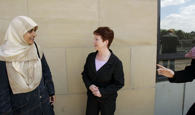 Hazel Blears: Home Office Minister Hazel Blears chatting with Sabena Surjan