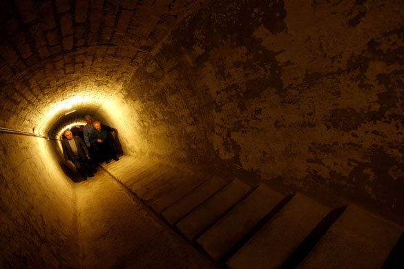 3 June 2009: Balatonfuzfo: Retired workers ascend from a former underground power plant
