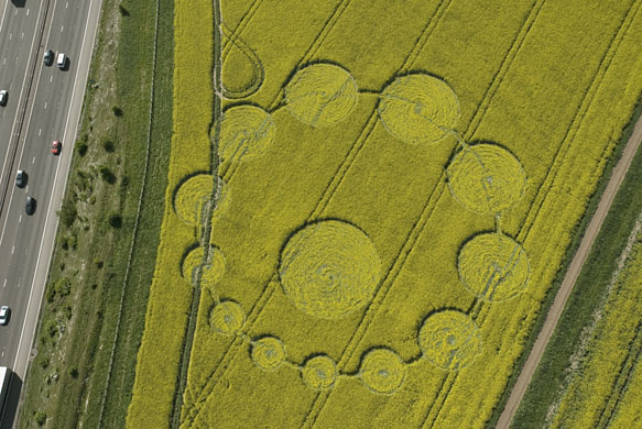 Crop circles: A crop circle in a field of oilseed rape at Peaksdown, Swindon, Wiltshire