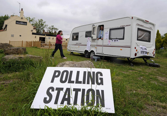 European elections: A woman goes to vote at a polling station in the remote village of Biggin