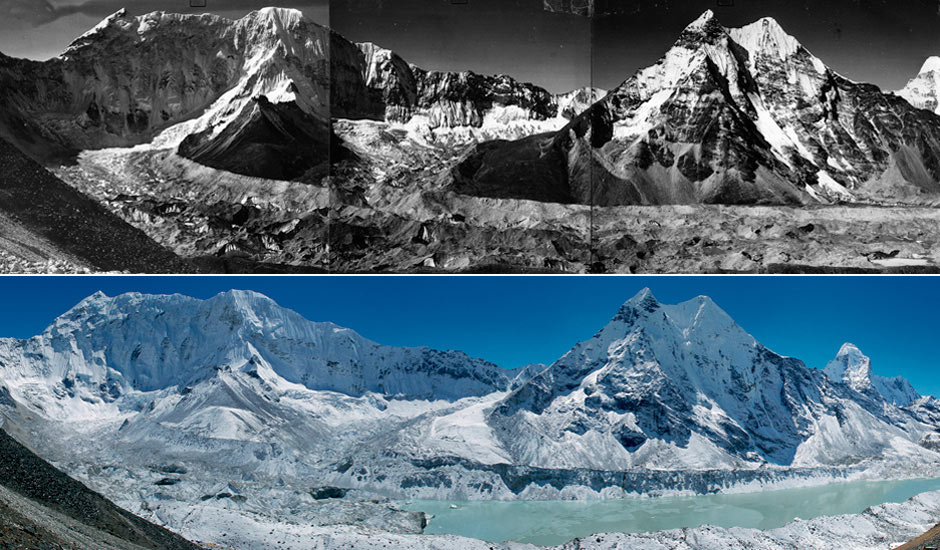 Il lago Imja in Nepal (sopra: come era 50 anni fa; sotto: nel 2007)