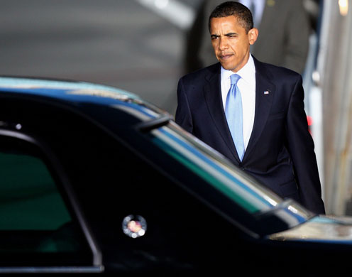 Obama in Germany: President Barack Obama walks towards a car at the airport in Dresden