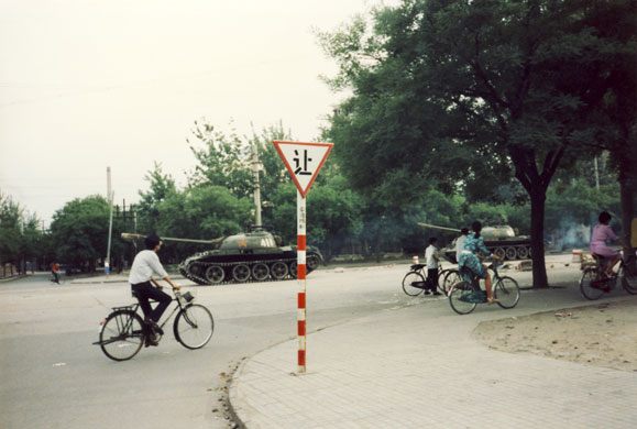 Tiananmen protests 1989: Tanks patrol the streets, Muxudi, Beijing.