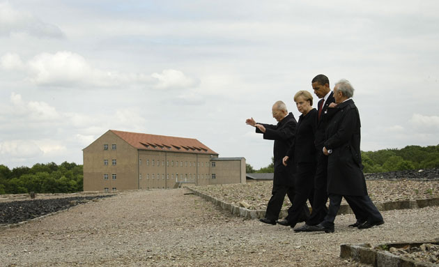 Obama in Germany: Barack Obama, Angela Merkel, Bertrand Herz, Elie Wiesel at Buchenwald