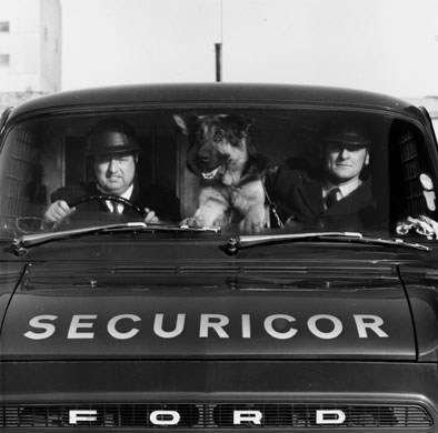 Vans : Securicor guards sitting in a Ford van with their Alsation dog
