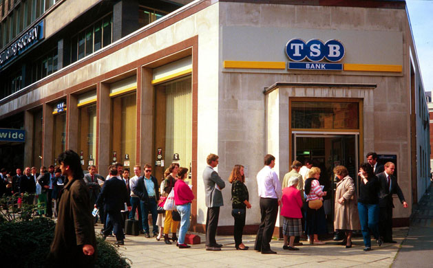 Banks: People queue outside a TSB Bank branch in London in 1986