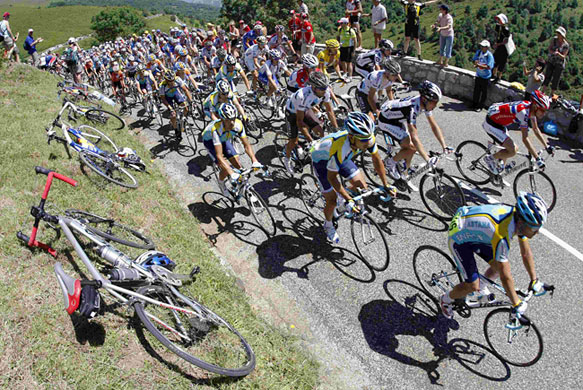 Tour de France : The pack of riders cycles in the Pyrenees