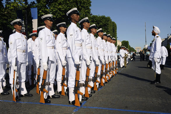 Bastille Day: Indian Navy troops stand guard prior to the start of the military parade