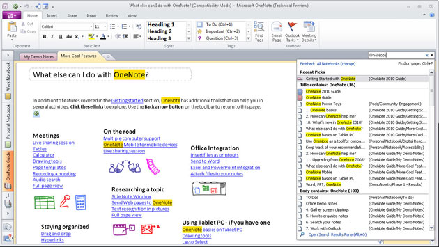 Windows 2010: One note search