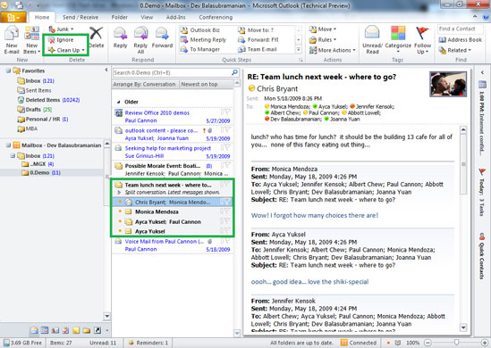 Windows 2010: Outlook conversations