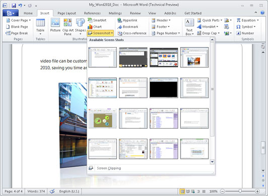 Windows 2010: Word Insert screenshot