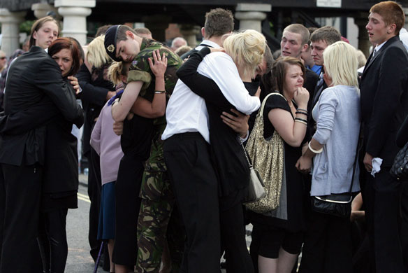 15 July 2009: Wootton Bassett, UK: Mourners of the eight soldiers killed in Afghanistan