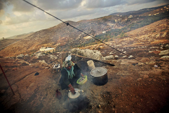 15 July 2009: Ramallah, West Bank: Bedouin Umm Ghalib Al-Azzazneh prepares a meal