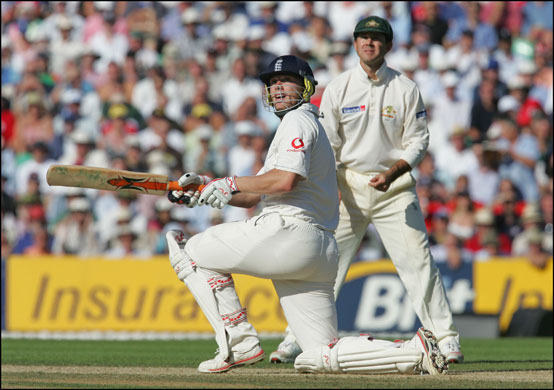 Flintoff retires: Flintoff hits Warne for four in 2005