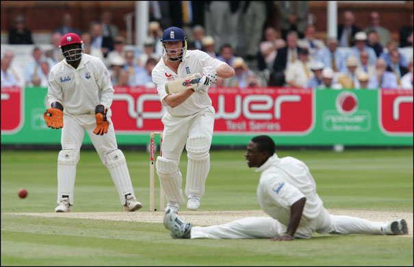 Flintoff retires: Flintoff smashes the ball past Omari Banks