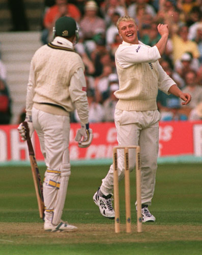 Flintoff retires: Flintoff celebrates his Test debut wicket