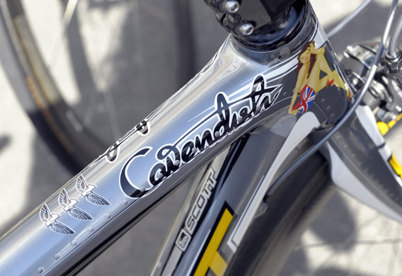tour de france stage 11: The frame of Mark Cavendish's bike with his three stage victories marked 