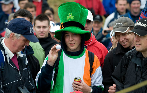 Open Golf Day 2: An Irish fan with a ball given to him by Padraig Harrington on the 5th hole