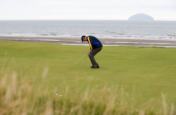 Open Golf Day 2: Jim Furyk reacts after just missing a birdie on 4th green