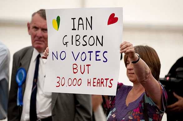 norwich : A Labour supporter holds a placard in support of  Ian Gibson