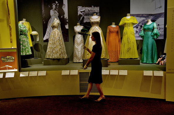 Queen's Commonwealth Tour: Dresses from The Queen's Commonwealth tours, displayed at Buckingham Palace