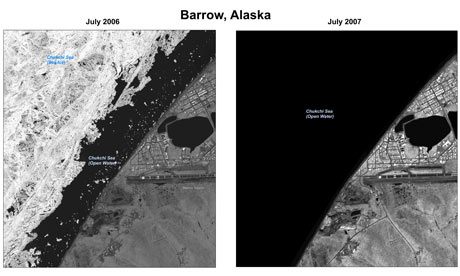 Satellite images of polar ice sheets taken in July 2006 and July 2007 showing the retreating ice during the summer. Photograph: Public Domain