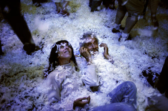 26 July 2009: Chalon-sur-Saone, France: Feathers fall on spectators