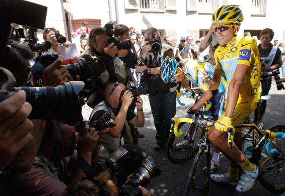 Tour de France: Alberto Contador, wearing the overall leader's yellow jersey