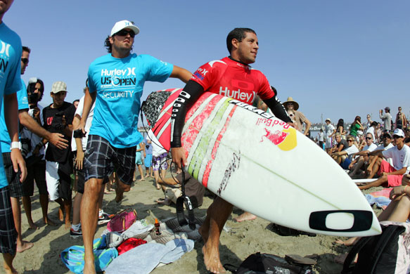Hurley US Open of Surfing: Adriano de Souza after defeating Kelly Slater in the Quarterfinal heat