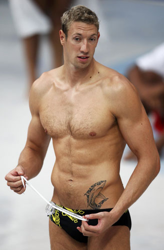 Men in swimsuits: 2008: Alain Bernard of France attends swimming practice