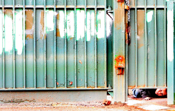 Peace walls in Belfast: A young boy looks out from the protestant side of the peace wall in Belfast