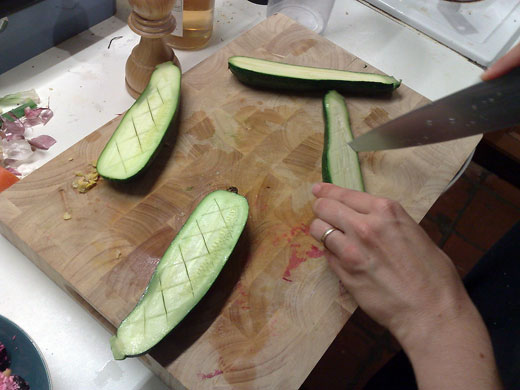 Mezze clickalong: Crosshatching the courgettes (1 homegrown, 1 shop)
