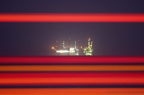 Week in Business: Offshore oil rigs extracting crude oil near Santa Barbara, California.