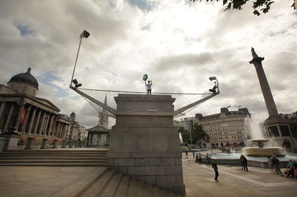 Trafalgar Square plinth: Rachel Wardell stands on the empty fourth plinth in Trafalgar Square