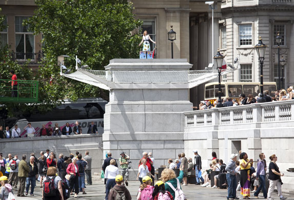 Trafalgar plinth: Jill Gatcum stands on the fourth plinth in London's Trafalgar Square