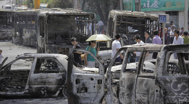 Urumqi riots: Burned out buses after yesterday's disturbances in Urumqi