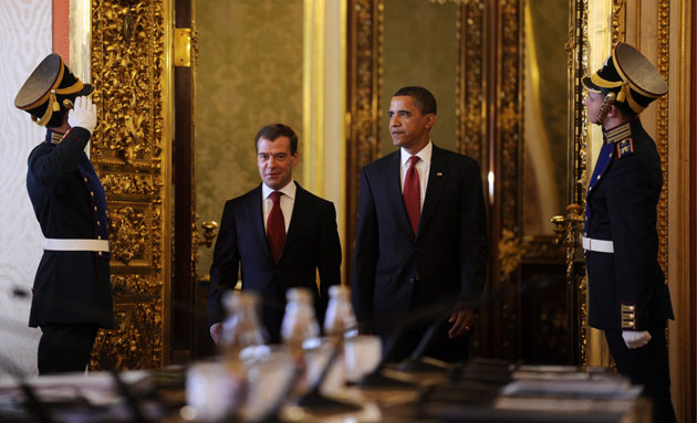 Barack Obama in Russia: US President Barack Obama walks with President Dmitry Medvedev to a meeting