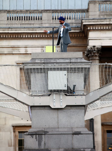 Trafalgar Square plinth: Ishvinder Singh Matharu on the empty fourth plinth in Trafalgar Square 