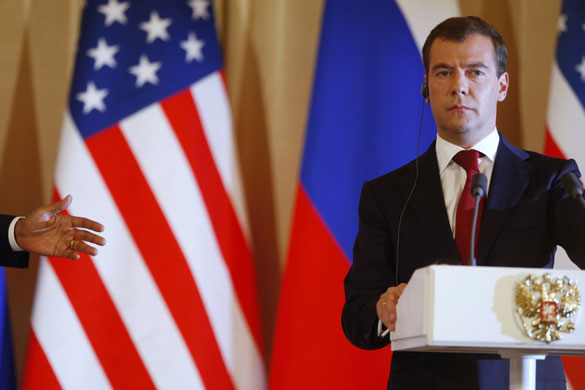 Obama in Russia: President Barack Obama gestures next to Russian President Dmitry Medvedev