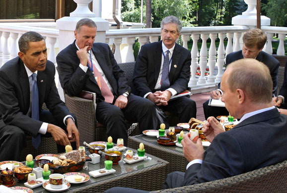 Obama in Russia: President Barack Obama and Russian Prime Minister Vladimir Putin converse